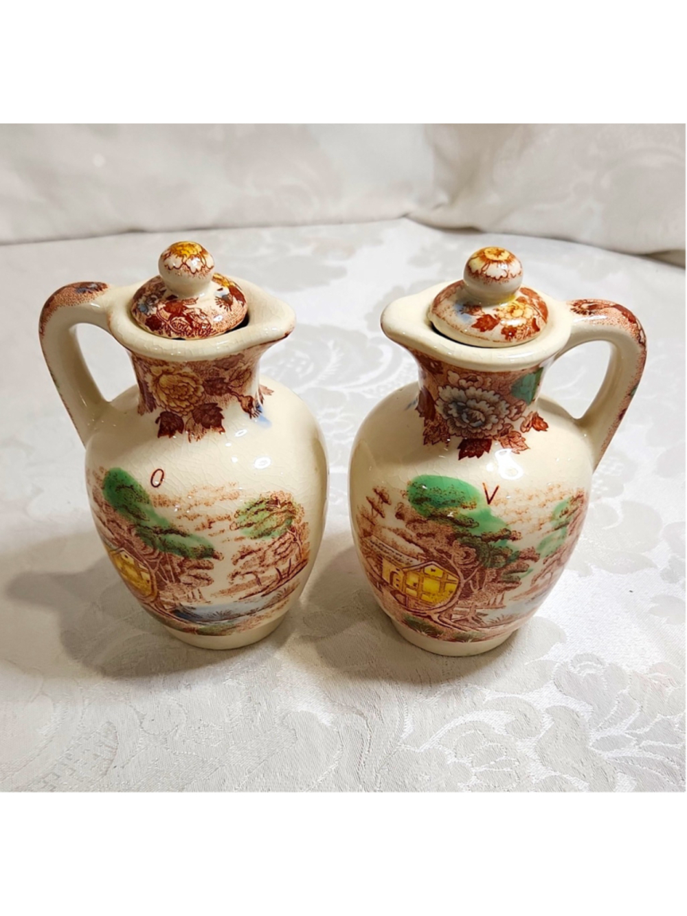 MCM JAPAN 2pc Oil and Vinegar Transferware Pitchers Brown Green